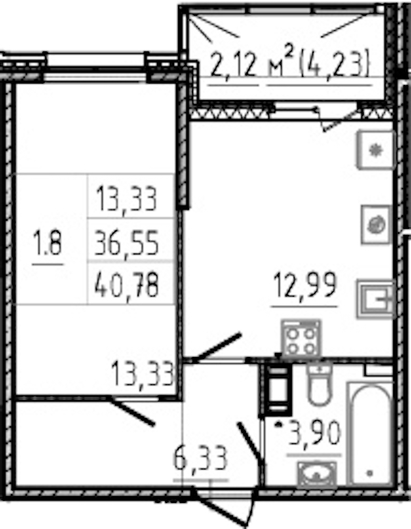 1-комнатная квартира 36.55 м², 12/14 эт., ЖК «Чёрная речка»